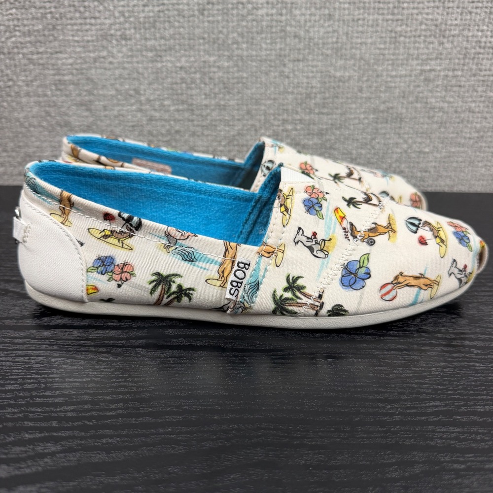 Skechers BOBS Slip On Alpargata Shoes Women's 7 White Beach Dog Print Cushioned
